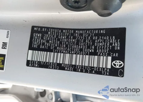 2021 Toyota Corolla Le from USA, damaged, VIN 5YFEPMAE4MP250971